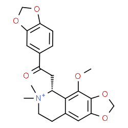 ChemSpider 2D Image | (5R)-5-[2-(1,3-Benzodioxol-5-yl)-2-oxoethyl]-4-methoxy-6,6-dimethyl-5,6,7,8-tetrahydro[1,3]dioxolo[4,5-g]isoquinolin-6-ium | C22H24NO6