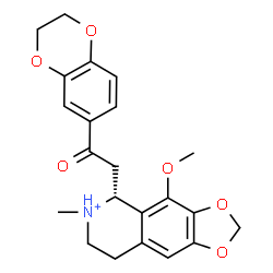 ChemSpider 2D Image | (5R)-5-[2-(2,3-Dihydro-1,4-benzodioxin-6-yl)-2-oxoethyl]-4-methoxy-6-methyl-5,6,7,8-tetrahydro[1,3]dioxolo[4,5-g]isoquinolin-6-ium | C22H24NO6