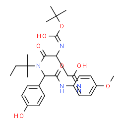ChemSpider 2D Image | 2-Methyl-2-propanyl {4-amino-1-[{1-(4-hydroxyphenyl)-2-[(4-methoxyphenyl)amino]-2-oxoethyl}(2-methyl-2-butanyl)amino]-1,4-dioxo-2-butanyl}carbamate | C29H40N4O7