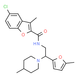 ChemSpider 2D Image | 5-Chloro-3-methyl-N-[2-(5-methyl-2-furyl)-2-(4-methyl-1-piperidinyl)ethyl]-1-benzofuran-2-carboxamide | C23H27ClN2O3