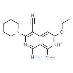 ChemSpider 2D Image | 1,8-Diamino-5-cyano-3-ethoxy-6-(1-piperidinyl)-2,7-naphthyridin-2-ium | C16H21N6O