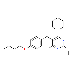 ChemSpider 2D Image | 5-(4-Butoxybenzyl)-4-chloro-2-(methylsulfanyl)-6-(1-piperidinyl)pyrimidine | C21H28ClN3OS
